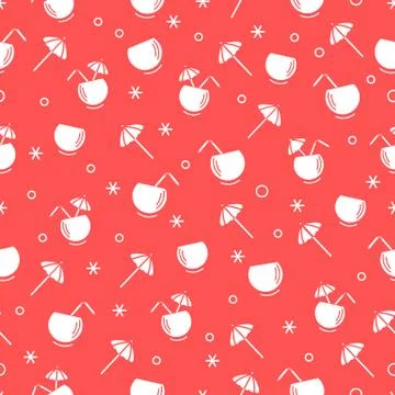 Cute seamless pattern with cocktail in half coconut, tube and umbrella. Trave Stock Illustration