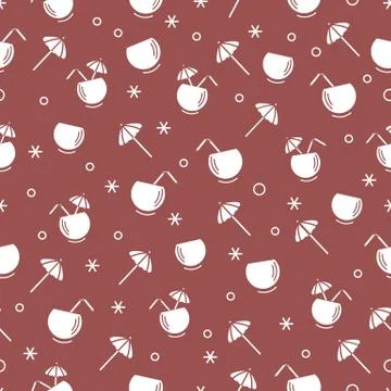 Cute seamless pattern with cocktail in half coconut, tube and umbrella. Trave Illustrazione stock