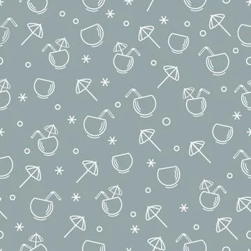 Cute seamless pattern with cocktail in half coconut, tube and umbrella. Trave 스톡 일러스트