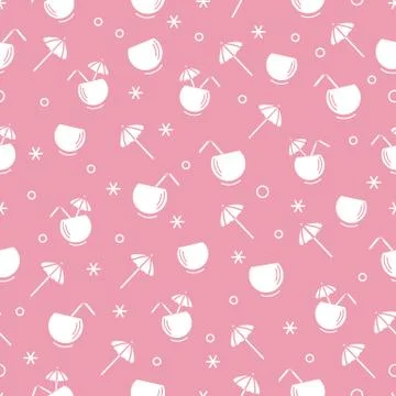 Cute seamless pattern with cocktail in half coconut, tube and umbrella. Trave Illustrazione stock