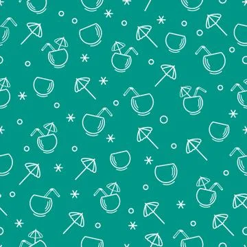 Cute seamless pattern with cocktail in half coconut, tube and umbrella. Trave Illustrazione stock