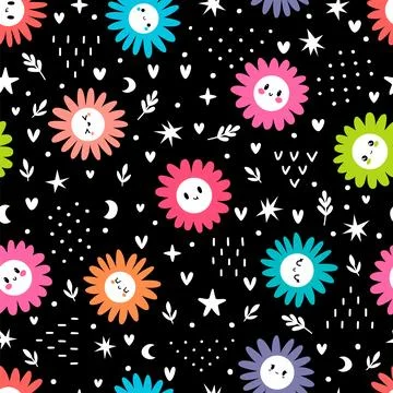 Cute seamless pattern with colored daisies. Floral print with chamomile Stock Illustration