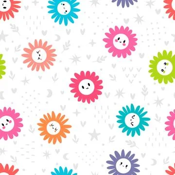 Cute seamless pattern with colored daisies. Floral print with chamomile. Gr.. 스톡 일러스트