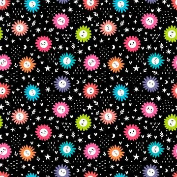 Cute seamless pattern with colored daisies. Floral print with chamomile. Gr.. Stock Illustration