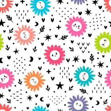 Cute seamless pattern with colored daisies. Great for fabric, wrapping pape.. Stock Illustration