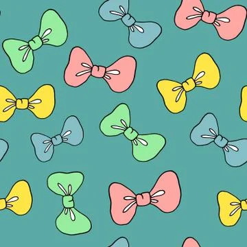 Cute seamless pattern with colorful bows, blue background. Stock Illustration