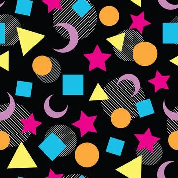 Cute seamless pattern with colorful geometric shapes on black Stock Illustration