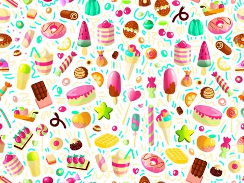 Cute seamless pattern with colorful sweets, cakes, lollipops. Cartoon seamless Stock Illustration