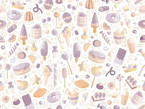 Cute seamless pattern with colorful sweets, cakes, lollipops. Cartoon seamless Stock Illustration