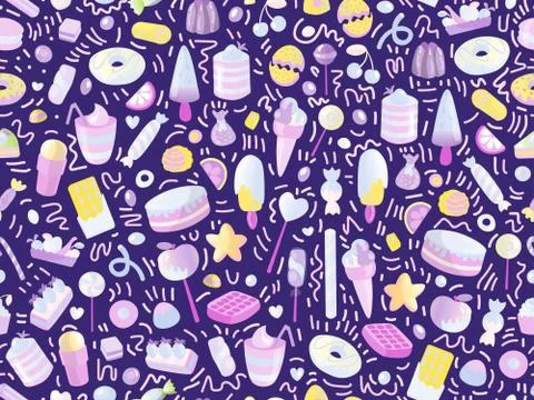 Cute seamless pattern with colorful sweets, cakes, lollipops. Cartoon seamless Illustrazione stock