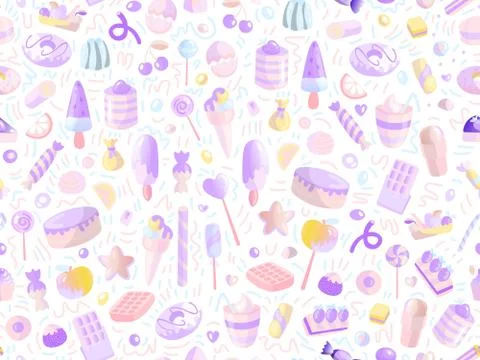 Cute seamless pattern with colorful sweets, cakes, lollipops. Cartoon seamless Stock Illustration