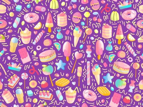 Cute seamless pattern with colorful sweets, cakes, lollipops. Cartoon seamless Stock Illustration
