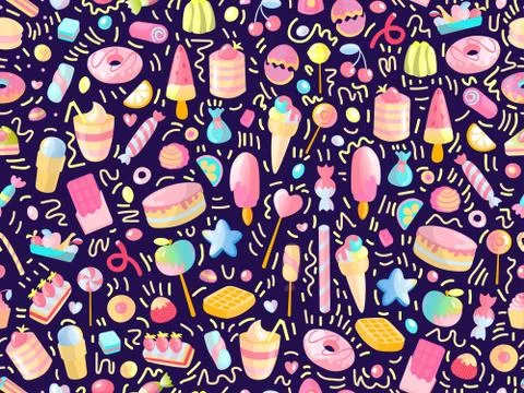 Cute seamless pattern with colorful sweets, cakes, lollipops. Cartoon seamless Stock Illustration