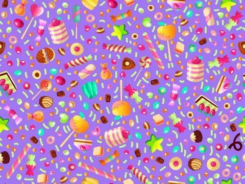 Cute seamless pattern with colorful sweets, cakes, lollipops. Cartoon seamless Stock Illustration