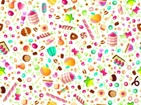 Cute seamless pattern with colorful sweets, cakes, lollipops. Cartoon seamless Stock Illustration