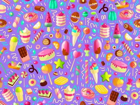 Cute seamless pattern with colorful sweets, cakes, lollipops. Cartoon seamless Stock Illustration