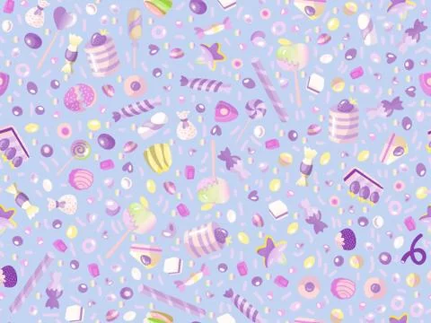 Cute seamless pattern with colorful sweets, cakes, lollipops. Cartoon seamless Stock Illustration