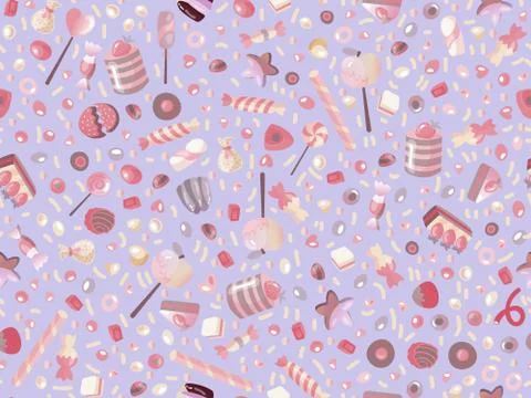 Cute seamless pattern with colorful sweets, cakes, lollipops. Cartoon seamless Stock Illustration