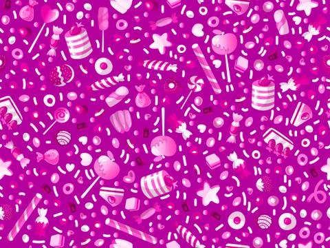 Cute seamless pattern with colorful sweets, cakes, lollipops. Cartoon seamless Stock Illustration