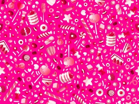 Cute seamless pattern with colorful sweets, cakes, lollipops. Cartoon seamless Stock Illustration