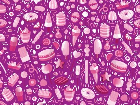 Cute seamless pattern with colorful sweets, cakes, lollipops. Cartoon seamless Stock Illustration