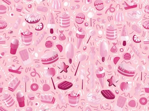 Cute seamless pattern with colorful sweets, cakes, lollipops. Cartoon seamless Stock Illustration