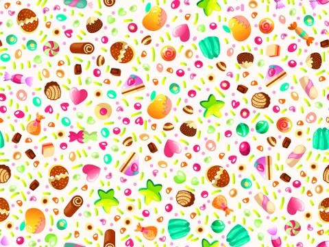 Cute seamless pattern with colorful sweets, cakes, lollipops. Cartoon seamless Stock Illustration