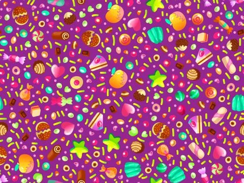 Cute seamless pattern with colorful sweets, cakes, lollipops. Cartoon seamless Stock Illustration