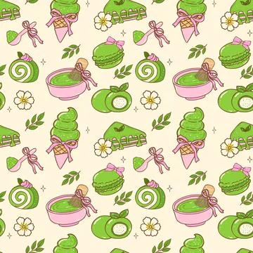 Cute seamless pattern Coquette girly matcha sweet doodle illustration, cute.. 스톡 일러스트