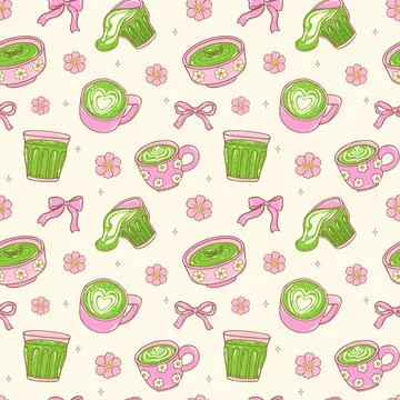 Cute seamless pattern Coquette girly matcha drinks doodle illustration, cut.. Stockillustratie