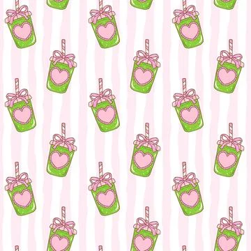 Cute seamless pattern Coquette Ice matcha latte with ribbon bow doodle illu.. Stock Illustration