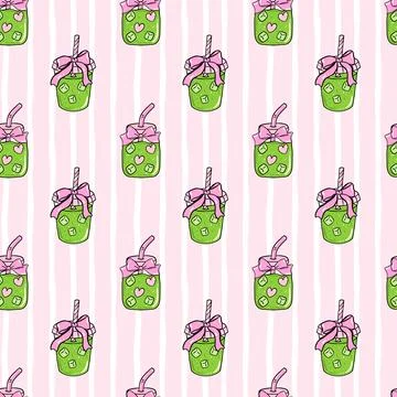 Cute seamless pattern Coquette Ice matcha latte with ribbon bow illustratio.. 스톡 일러스트