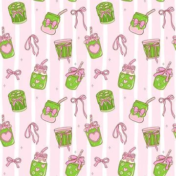 Cute seamless pattern Coquette matcha latte with ribbon bow illustration, c.. Stock Illustration