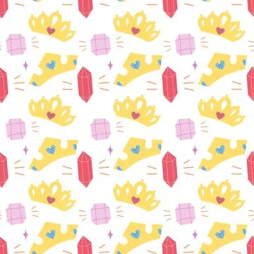 Cute seamless pattern with crown crystal and jewel elements in flat hand drawn Stock Illustration