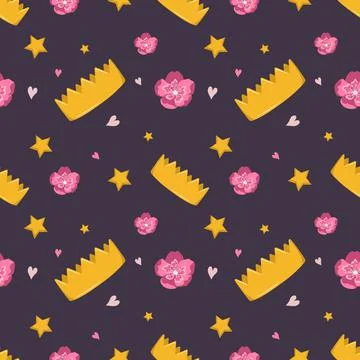 Cute seamless pattern with crown, flowers and stars on a dark background Stock-Illustration