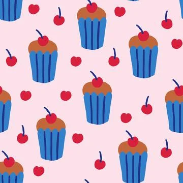 Cute seamless pattern with cupcakes with cherry on pink background. Desserts Stock Illustration