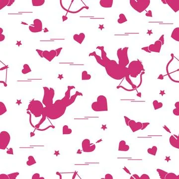 Cute seamless pattern with cupid shoots a bow and hearts. Love symbol. Stock Illustration