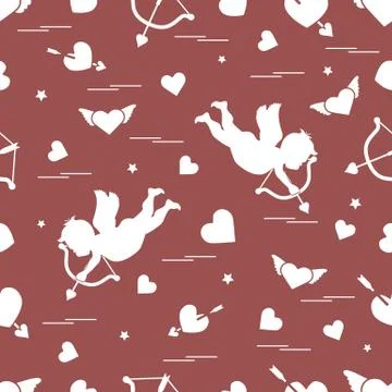 Cute seamless pattern with cupid shoots a bow and hearts. Love symbol. Stock Illustration