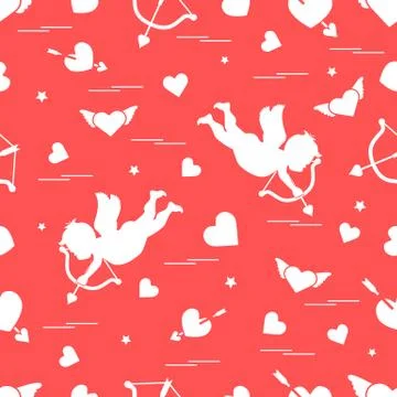 Cute seamless pattern with cupid shoots a bow and hearts. Love symbol. Stock Illustration