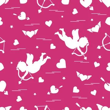 Cute seamless pattern with cupid shoots a bow and hearts. Love symbol. 库存插图