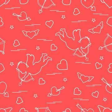 Cute seamless pattern with cupid shoots a bow and hearts. Love symbol. 스톡 일러스트