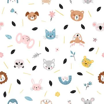 Cute seamless pattern with cute baby animals and flowers on a white background Illustrazione stock