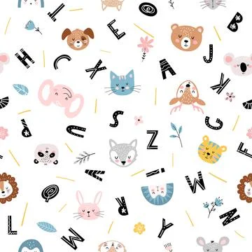 Cute seamless pattern with cute baby animals, flowers and alphabet letters on Stock Illustration