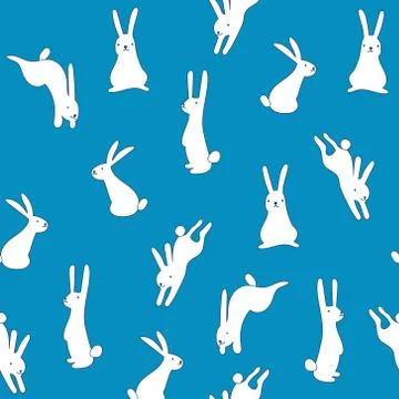 Cute seamless pattern with cute bunnyes in different poses on the blue backgroun Illustrazione stock