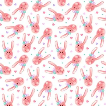 Cute seamless pattern with cute rabbit faces and hearts Stock Illustration