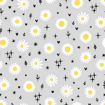Cute seamless pattern with daisies. Floral print with chamomile. Design gre.. Stock Illustration