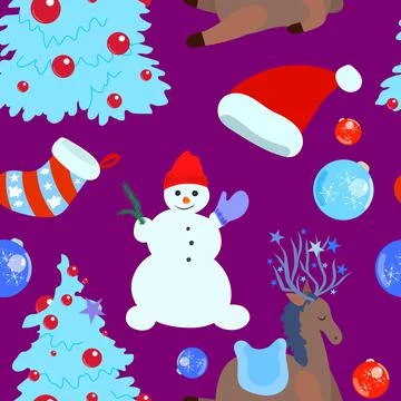 Cute seamless pattern with deer at christmas tree Stock Illustration