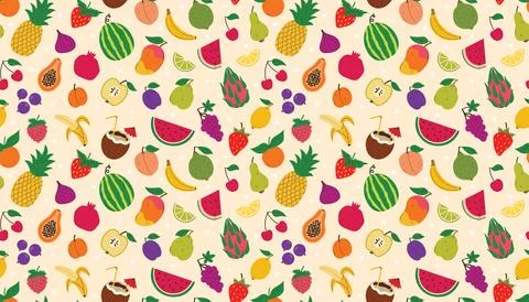 Cute seamless pattern with different summer fruits and berries. Watermelon .. Illustrazione stock