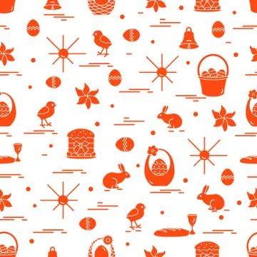 Cute seamless pattern with different symbols for Easter. 스톡 일러스트