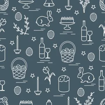 Cute seamless pattern with different symbols for Easter. Stock Illustration